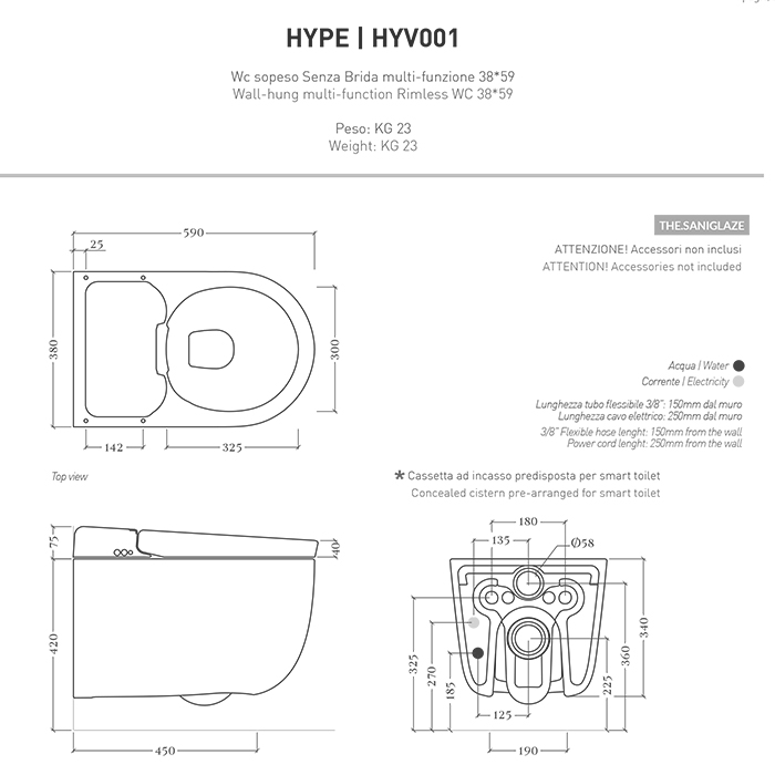 Artceram Hype Унитаз-биде 38х59см., подвесной, безободковый, saniglaze, soft-close, с пультом управления, цвет: белый матовый