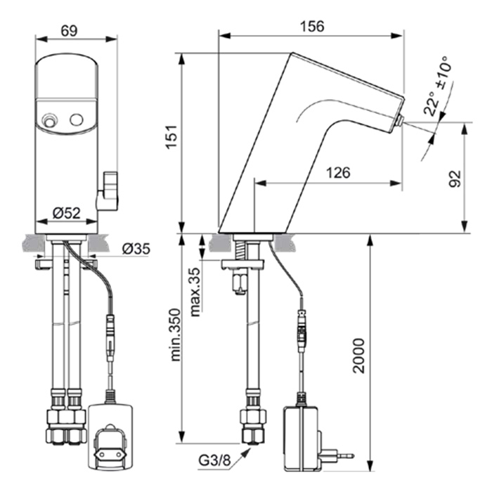 Ideal Standard Intelliflow Смеситель для раковины, на 1 отв., электронный, с адаптером 100-240VAC, цвет: хром/чёрный глянец