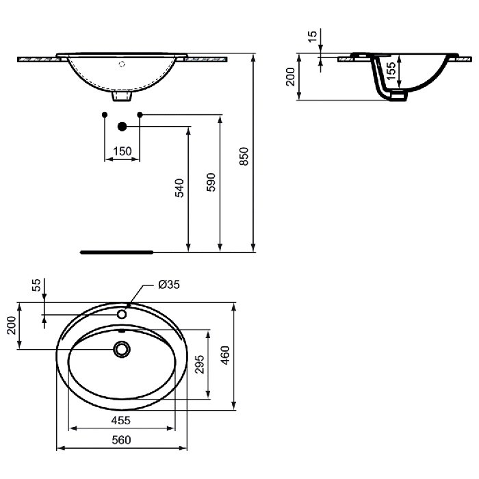 Ideal Standard Evrovit Раковина 55х40х13см., врезная сверху, 1 отв., с переливом, без крепежа, цвет: белый глянцевый
