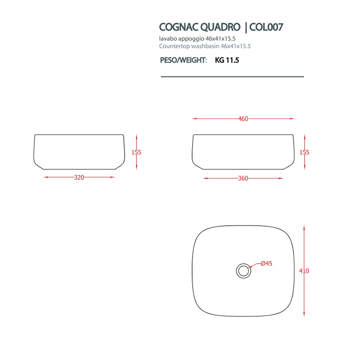 Artceram Cognac Раковина накладная Quadro 46x41 см, saniglaze, цвет: белый глянцевый