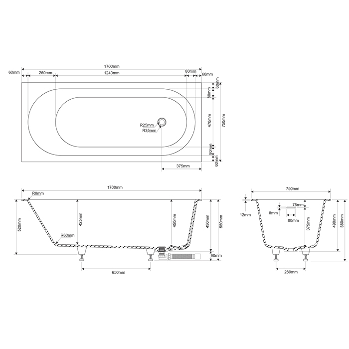 Dea Design Ease Ванна 170х75хh58см., встраиваемая, в комплекте ножки, интегр.слив/перелив в цвет ванны цвет: белый