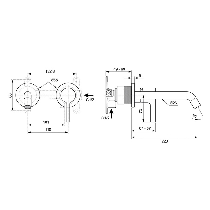 Ideal Standard Joy Смеситель для раковины, встраиваемый, излив: 22.5см., для монтажа с комплектом №1 A1313NU, цвет: PVD Magnetic Grey