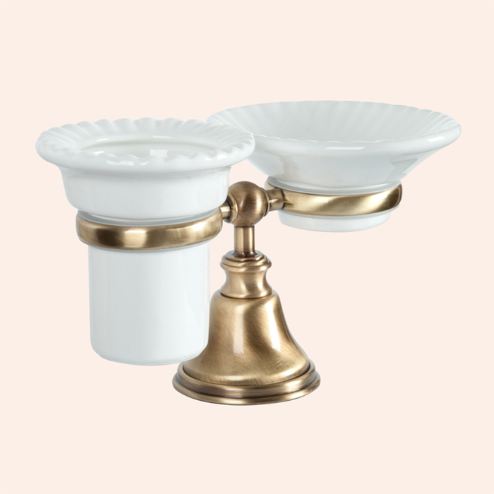 TW Harmony 141, настольный держатель с мыльницей и стаканом, керамика (бел), цвет: бронза