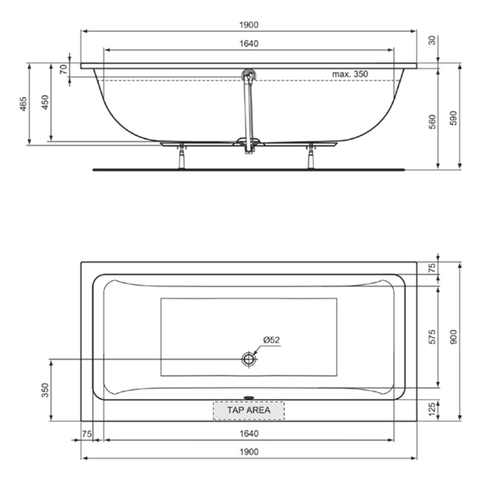 Ideal Standard Dolce Vita Ванна 190x90 см, встраиваемая, акрил, без панелей, перелива, ножки в комплекте, цвет: белый глянец