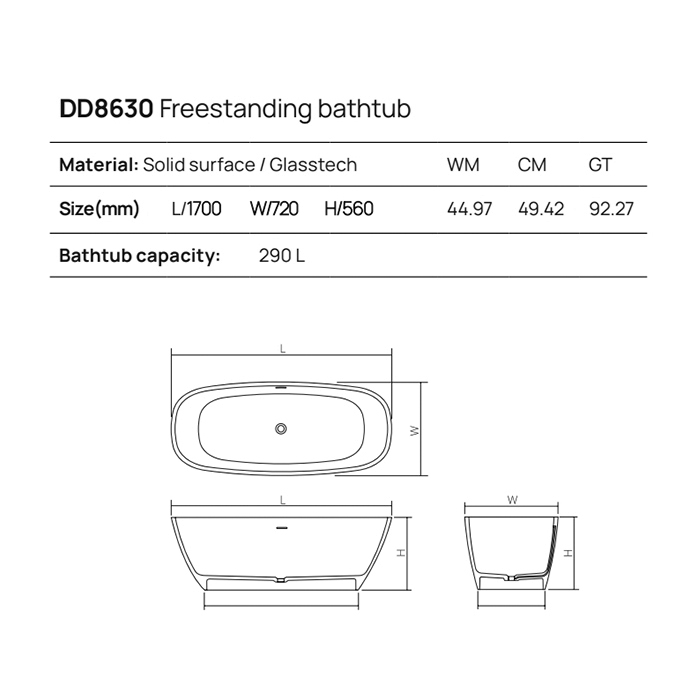 Dea Design Soul Ванна 170х72х56см., отдельностоящая, Glasstech, прозрачная смола, цвет: Smoky Black R4