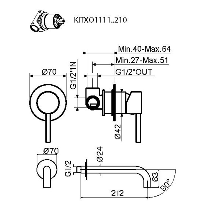 Plumberia Selection IXO Смеситель для раковины, встраиваемый, излив 210мм, с внутренней частью, цвет: брашированный хром