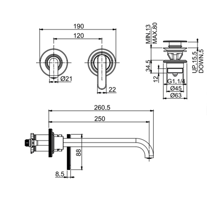 Fima Carlo Frattini Park Lane Смеситель для раковины, встраиваемый, излив 25см., донный клапан click-clack, цвет: хром