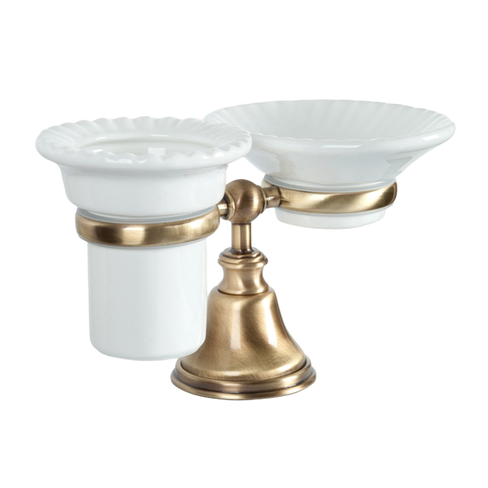TW Harmony 141, настольный держатель с мыльницей и стаканом, керамика (бел), цвет: бронза