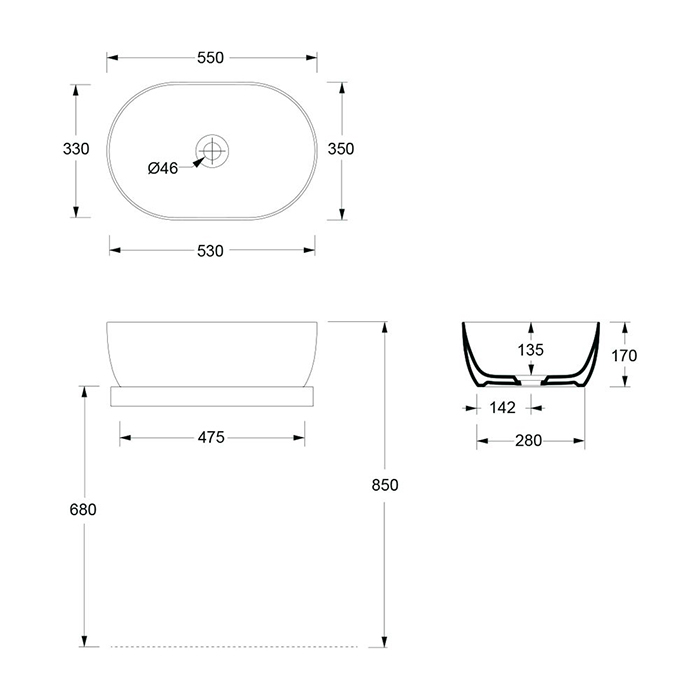 Alice Unica Раковина 55x35х17см., накладная, без отв., цвет: чёрный матовый