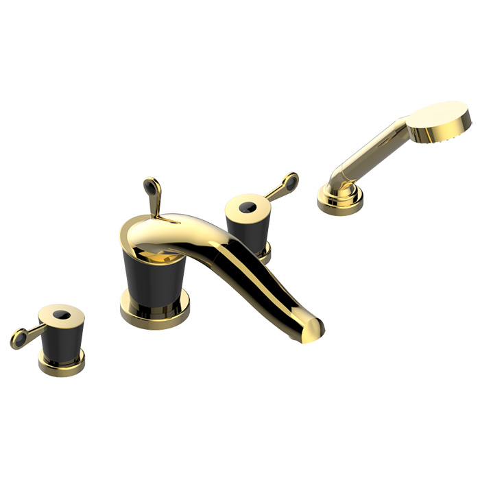 THG BAGATELLE PIERRE NOIRE MANETTES Смеситель для для установки на борт ванны на 4 отверстия, с ручным душем, ручки черные, цвет: полированное золото