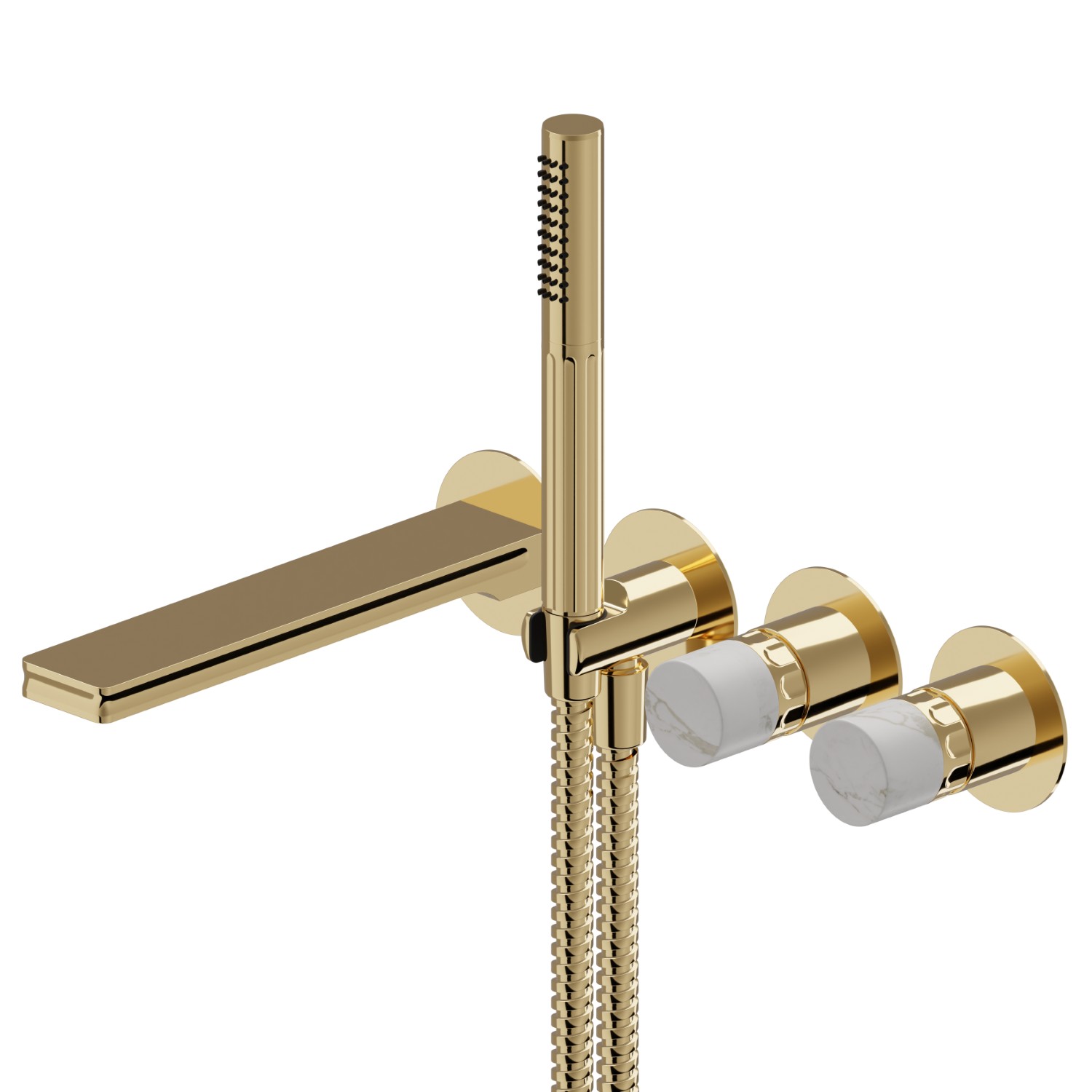 Newform Ionika allure bagno Внешняя часть прогрессивного смесителя для ванны/душа на 2 источника с ручным душем, цвет: PVD glossy gold