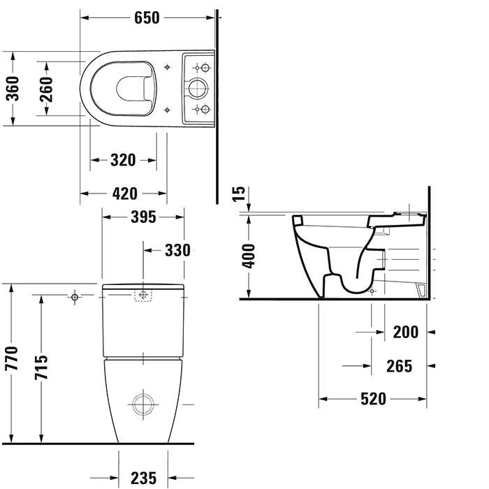 Duravit Me by Starck Унитаз моноблок 37х65 см, слив универсальный, с креплениями, с сиденьем цвет: белый 