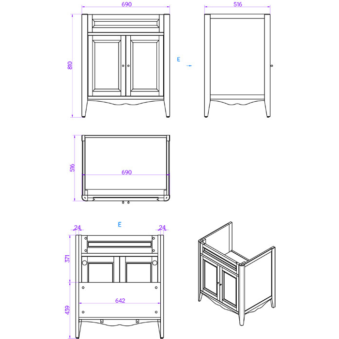 TW Veronica Nuovo комплект мебели с  2-мя дверцами, с доводчиками Blum, ручки: бронза, 73см, напольный, Цвет: noce