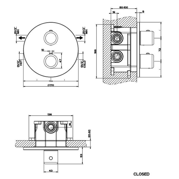 Gessi Goccia Встраиваемый термостат, подключение на 3/4”, с переключателем на 2 выхода, внешняя часть, цвет: black XL