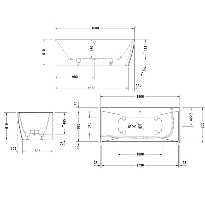 Duravit Vitrium Ванна встраиваемая 180x80см, Sx, с ножками, с2 наклонами для спины, прямоугольная, цвет: матовая корица