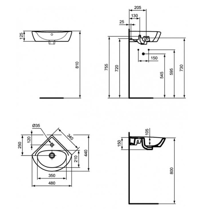 Ideal Standard Evrovit Раковина 34х34х12.5см., подвесная, 1 отв., угловая, с переливом, без крепежа, цвет: белый глянцевый