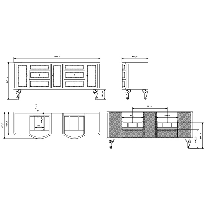 EBAN Sofia  Комплект мебели:  База под раковину, с декором argento с раковиной и зеркалом, 195см, Цвет: bianco decape