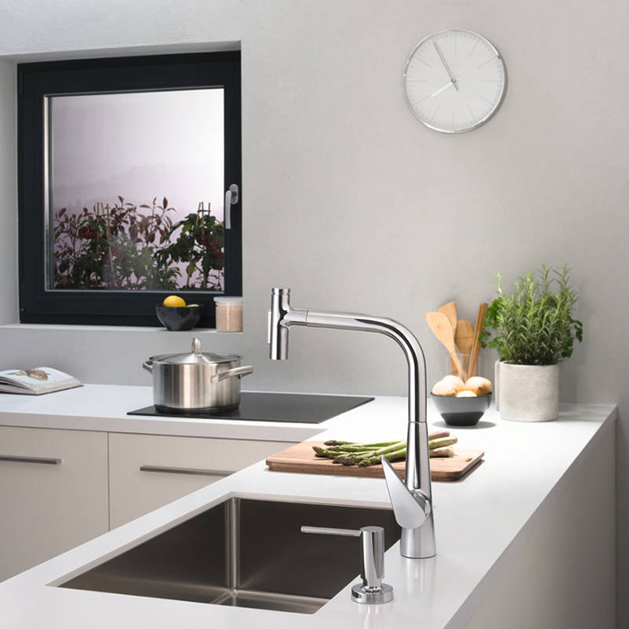 Hansgrohe Talis Select M51 Смеситель для кухни, на 1 отв, поворотный излив: 22см с вытяжным душем, 2jet, h:28.8см, sBox, кнопка вкл/выкл, цвет: хром
