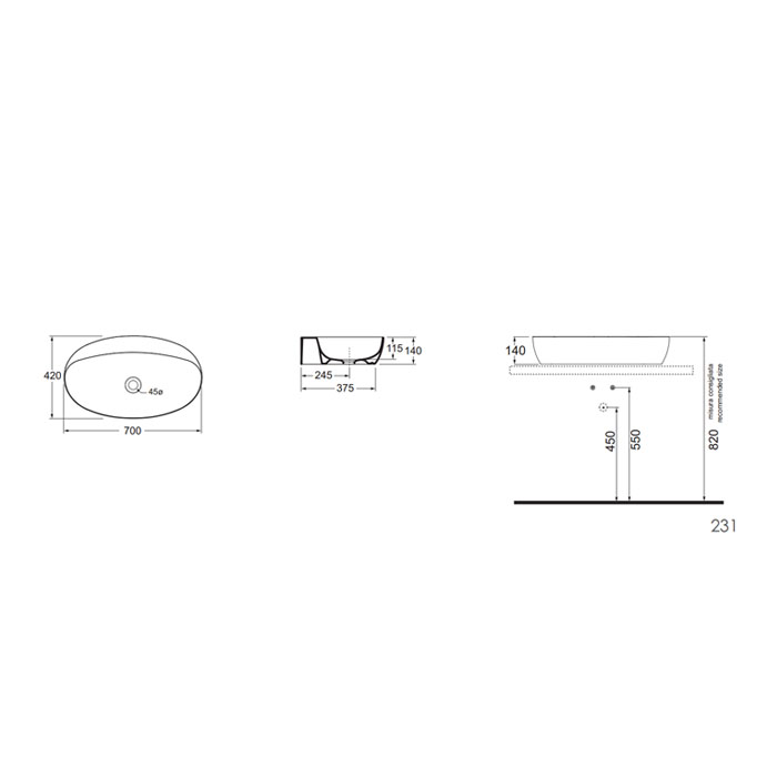 Azzurra Elegance Circle Раковина накладная, 70x42xH14 см, без отв., без перелива, цвет: Bianco lucido