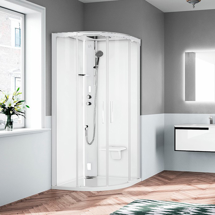 Novellini Glax Душевая кабина 90х90х224см., Standart с крышей , смеситель термостатический, Hammam и сиденье, цвет: белый матовый/стекла прозрачные