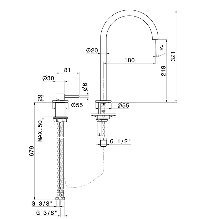 Newform XT Смеситель для раковины, 2 отв., высокий, поворотный излив, цвет: черный матовый
