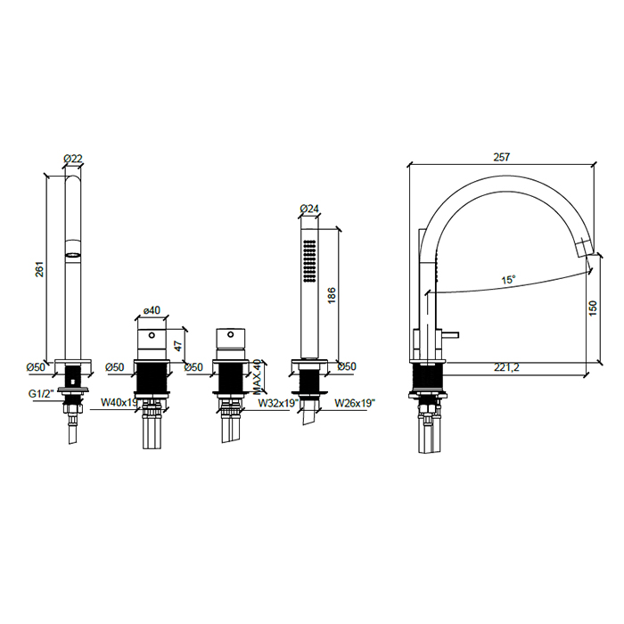 Almar Смеситель на борт ванны, на 4 отв., с ручной лейкой, цвет: хром