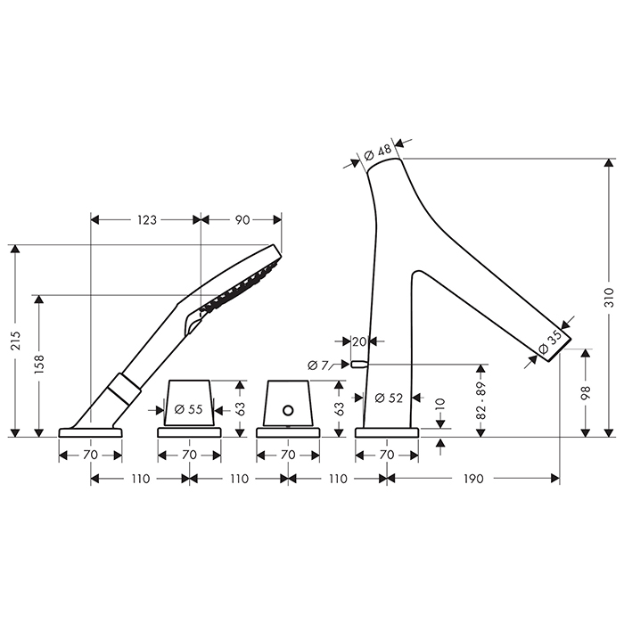 Axor Starck Organic Смеситель на борт ванны, на 4 отв., с ручным душем, цвет: шлифованный никель
