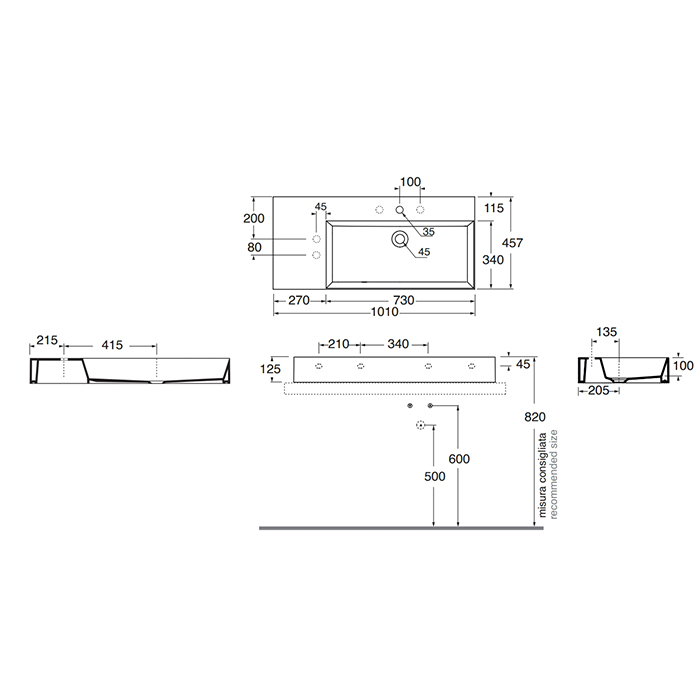 Azzurra Elegance Squared Раковина подвесная/накладная, 102x46xH12,5 см, левая, 1 отв., цвет: Bianco lucido