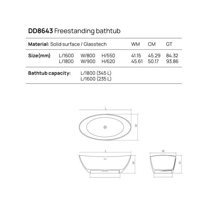 Dea Design Elegant Ванна 160x80x55см., отдельностоящая, Solid Surface, цвет: White №18