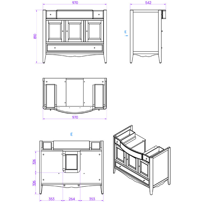 TW Veronica Nuovo комплект мебели с 3-мя выдвижными ящиками и 3-мя дверцами, с доводчиком Blum, ручки бронза, 105см, напольный, Цвет: noce