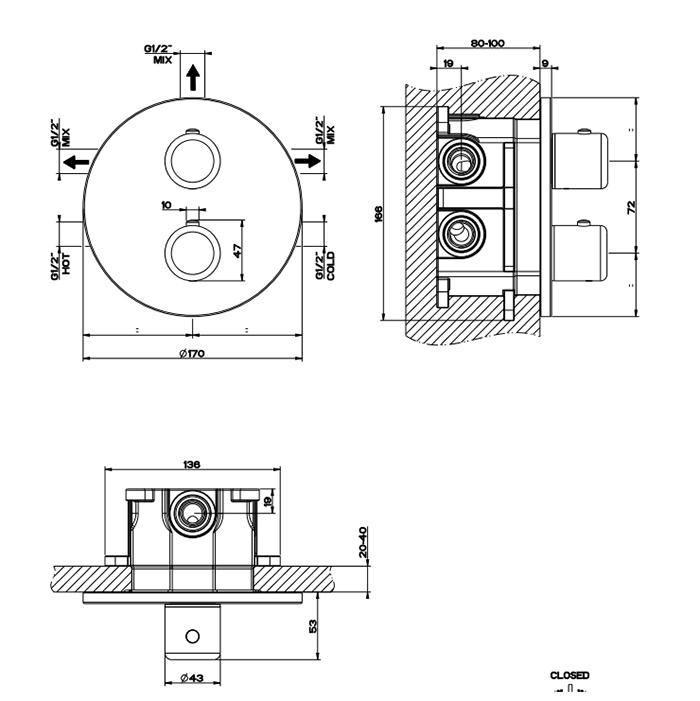 Gessi Goccia Встраиваемый термостат, подключение на 3/4”, с переключателем на 3 выхода, внешняя часть, цвет: белый