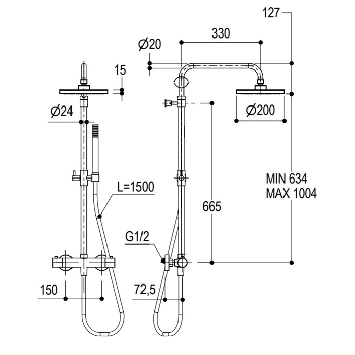 Ritmonio Shower column sets Душевая стойка, с термостатическим смесителем верхним душем из латуни D-20см., ручным душем, цвет: Brushed