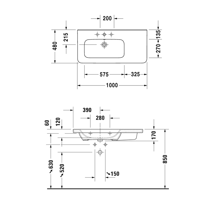 Duravit DuraStyle Раковина 100х48 см, 1 отв., с переливом, цвет: белый