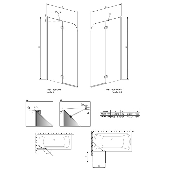 Radaway Torrenta PND II Шторка для ванны 120см, распашная, правая, стекло прозрачное, покрытие Easy Clean, профиль: хром