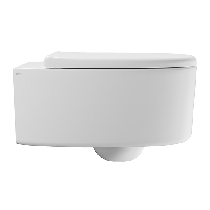 Alice Idilla Унитаз 55х35см., подвесной, безободковый, смыв Aliflush+, покрытие Aliglaze+, с крышкой, сиденьем микролифт и креплениями Fischer, цвет: белый глянцевый