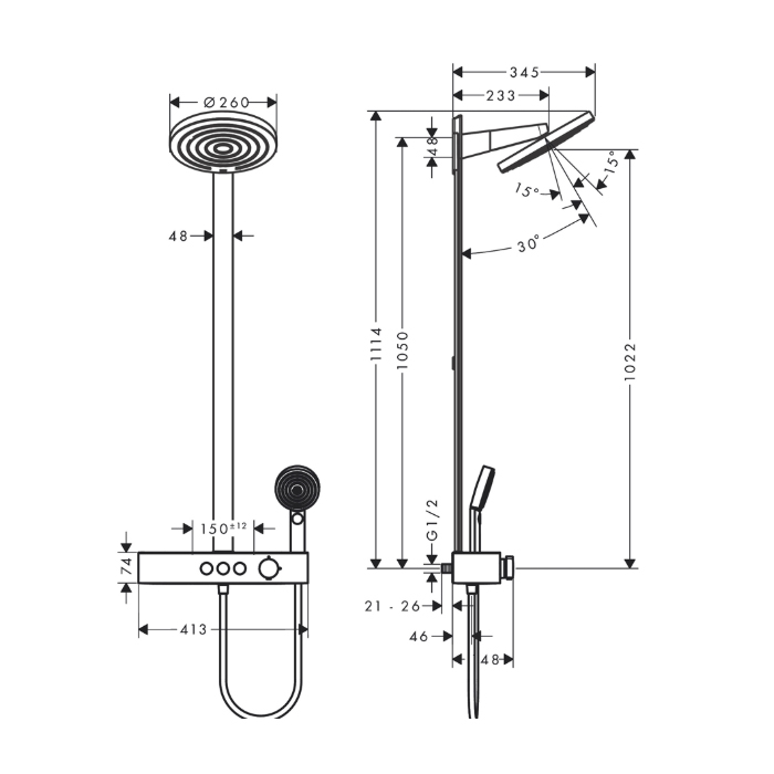 Hansgrohe Pulsify Душевая система с термостатическим смесителем, верхним душем Ø26см., ручным душем и шлангом, цвет: белый матовый