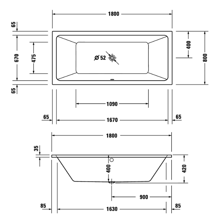 Duravit D.1 Ванна 180х80см., прямоугольная, встроенная, с двумя наклонами спинки, акрил, цвет: белый