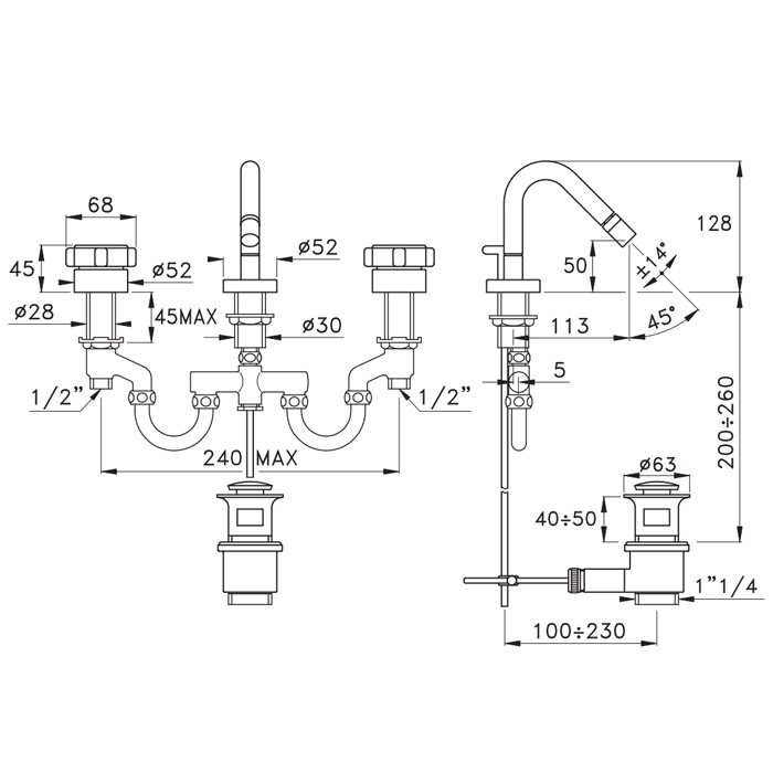Stella Aster Смеситель для биде на 3 отверстия 3605, с донным клапаном, цвет: хром