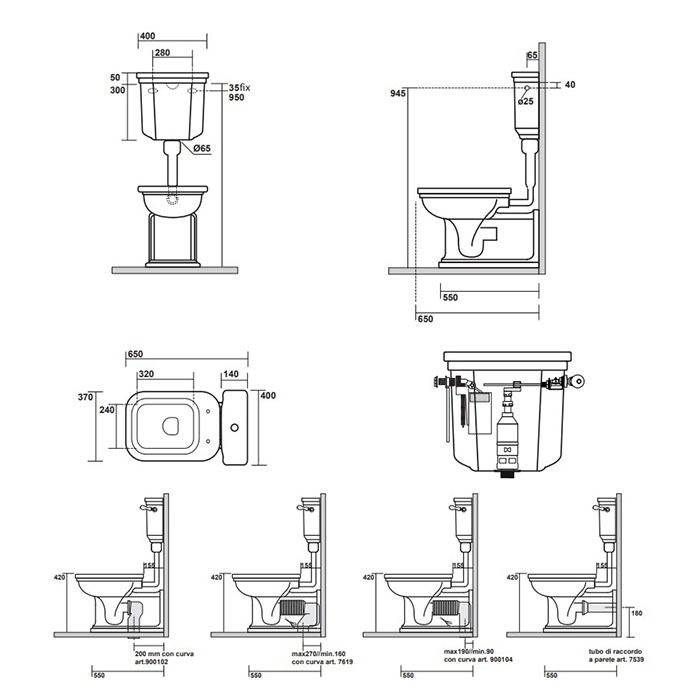 Kerasan Waldorf Унитаз 65х37см., приставной, c низким бачком, ручкой смыва справа, цвет: белый/бронза