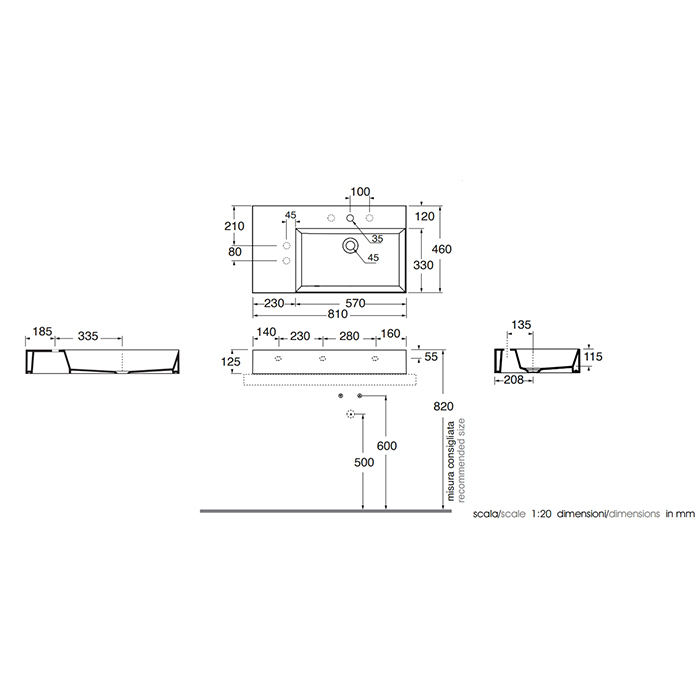 Azzurra Elegance Squared Раковина подвесная/накладная, 81x46xH12,5 см, левая, 1 отв., цвет: Bianco lucido