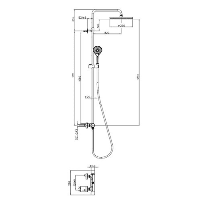 Bossini  Elios Душевая стойка с однорычажным смесителем, верхний душ из ABS Ø25см., ручной душ с 3 режимами, цвет: хром