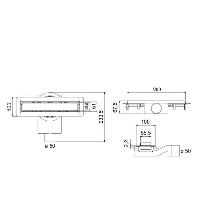 Plumberia Selection Трап душевой PS MODULAR 4x90 2устор. накладка из нерж.стали, комбинир.затвор с горизонт. Выпуском Ду 50мм,40л/мин, цвет: черный матовый