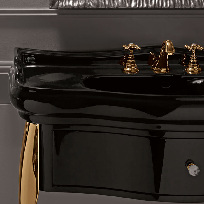 Kerasan Retro Комплект мебели, ножки: золото, ручки: кристалл/кольцо-золото, 100см, Цвет: черный глянец, 