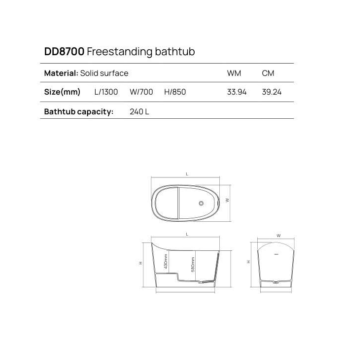 Dea Design Single Ванна 130х70х85см., отдельностоящая, Solid Surface, цвет: White №18