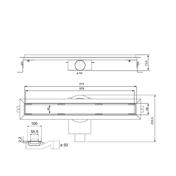 Plumberia Selection Трап душевой PS IN-TILE 6x100 2устор. накладка из нерж.стали, комбинир.затвор с горизонт. Выпуском Ду 50мм,40л/мин, цвет: черный матовый