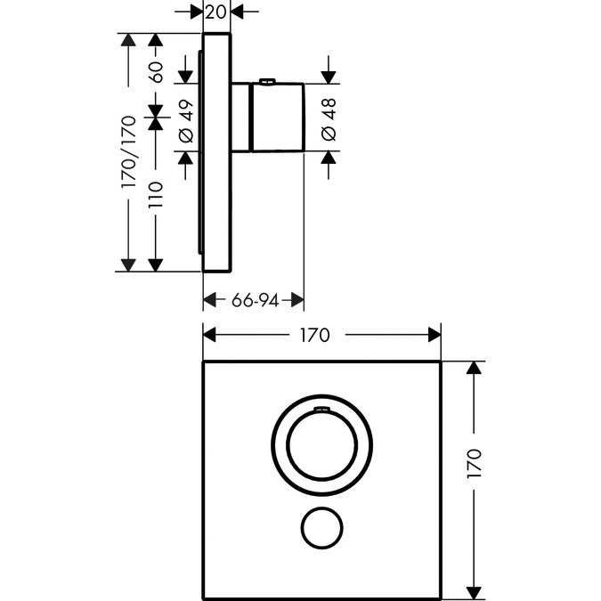 Axor ShowerSelect Термостат Highflow с дополнительным клапаном для ручного душа, квадратный, внешняя часть, цвет: хром