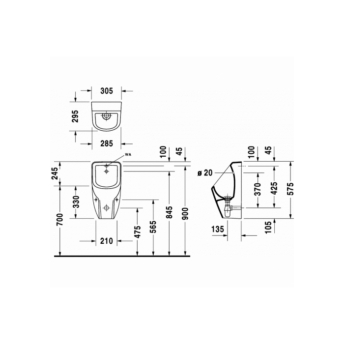 Duravit D-code Писсуар подвесной 30.5x29.5см., без "мушки", подвод воды сзади, цвет: белый