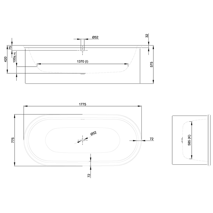 BETTE Suno Oval Ванна отдельностоящая 177×77см, с шумоизоляцией и экраном, цвет: белый
