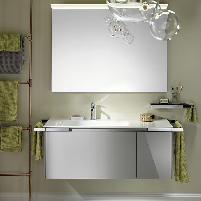 Burgbad Yso Комплект подвесной мебели 128x49x45 см с керамическим умывальником, 2-мя полотенцедержателями, цвет: светло-серый глянцевый