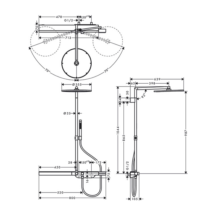 Axor ShowerSolutions Душевая стойка с термостатом, верхним душем Ø350мм, 1jet, шлангом, ручным душем и полочкой, цвет: хром